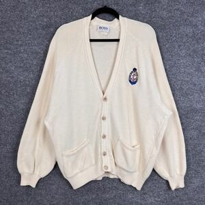 Vintage BOSS Hugo Boss Cream Knit Cardigan Royal Yacht Club‎ Logo Sweater XL